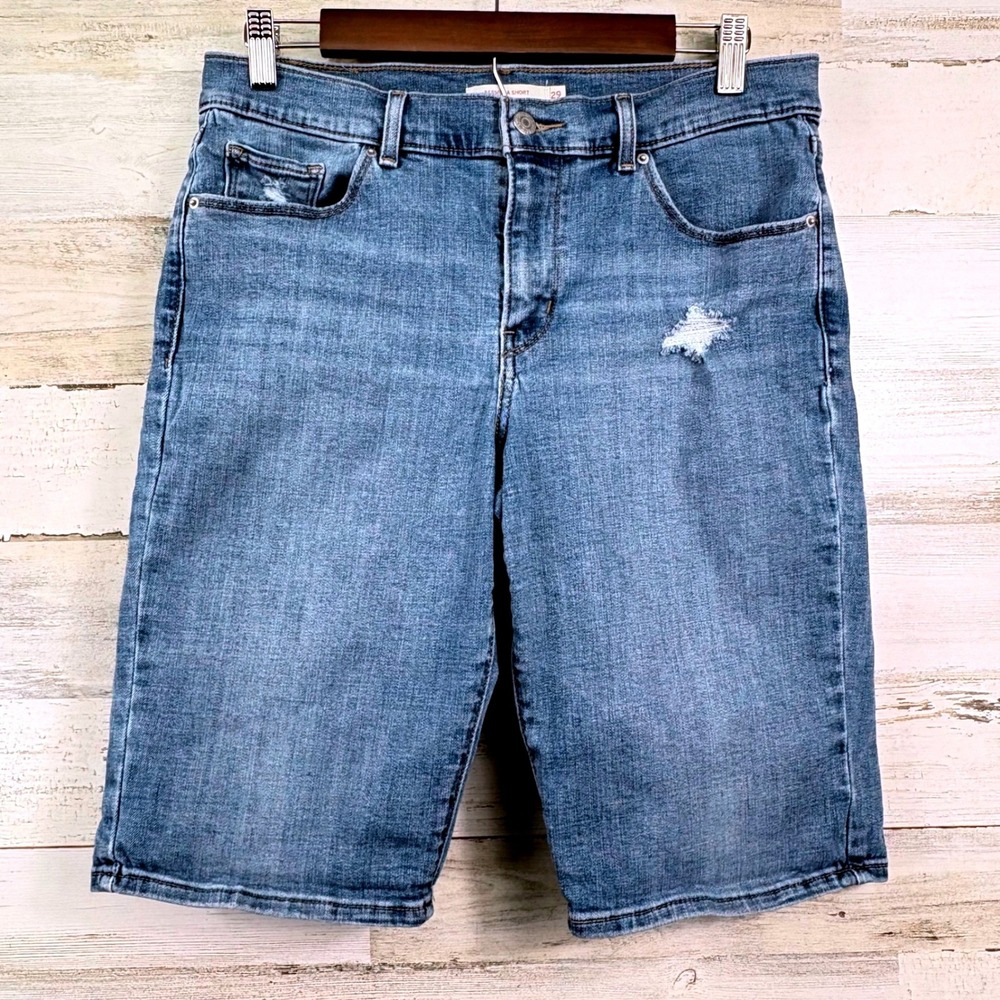 Levis Bermuda Shorts Womens 30 Blue Distressed Mid Rise Denim Stretch Chic Indie